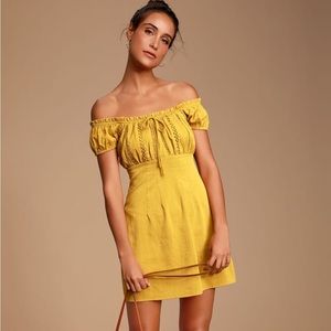 Lulus Wisteria Mustard Yellow Embroidered Off-The-Shoulder Mini Dress